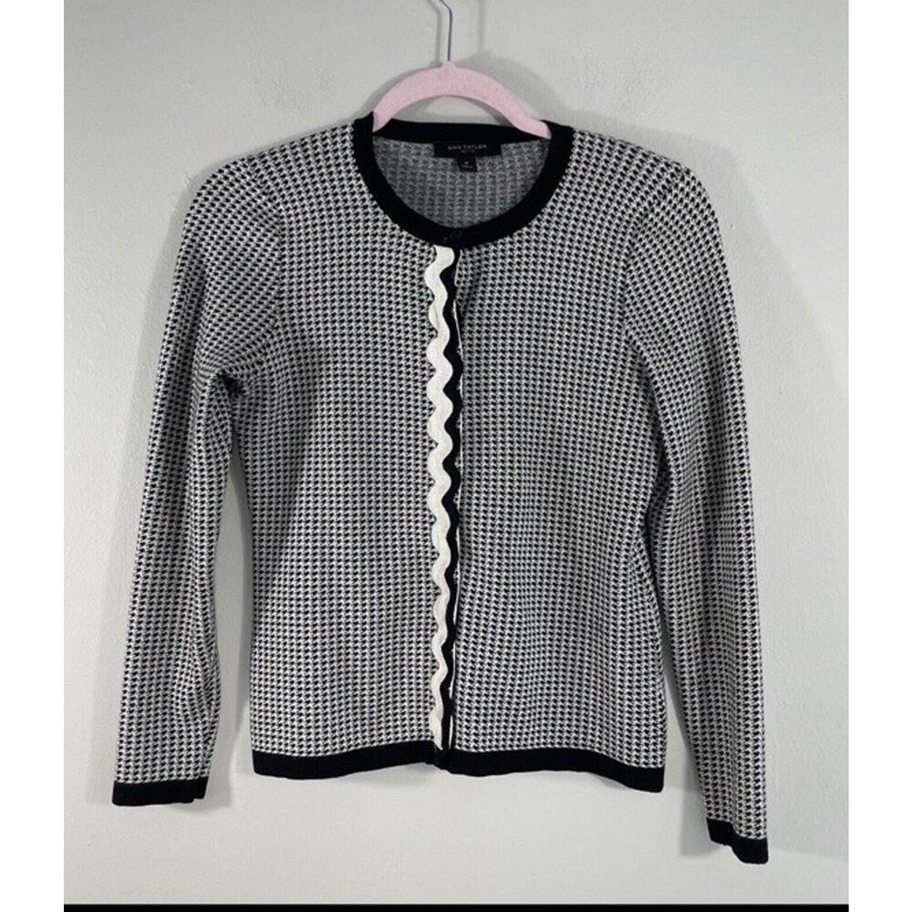 Ann Taylor Cardigan Sweater Black White Houndstooth Hidden Button Up Womens SP